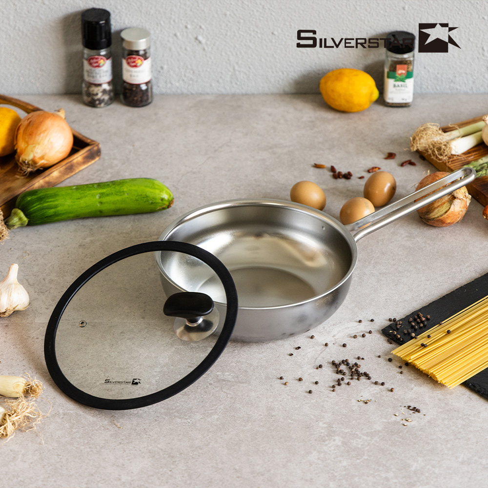 [실버스타] Aha(아하!) 304 통3중 인덕션IH 무연마제 스텐팬 궁중팬24cm+실리콘평커버24cm(핸들형)