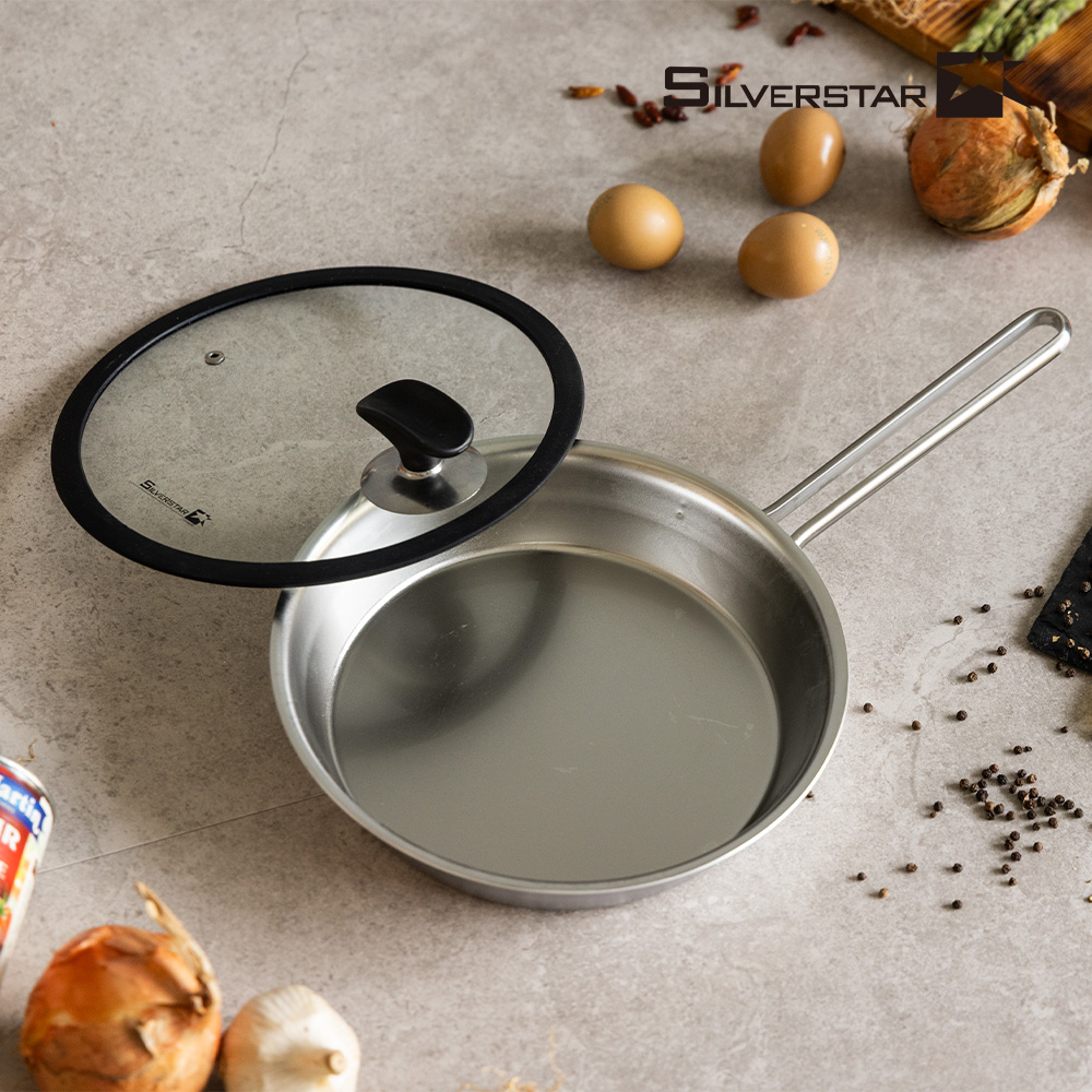 [실버스타] Aha(아하!) 304 통3중 인덕션IH 무연마제 스텐팬 후라이팬24cm+실리콘평커버24cm(핸들형)