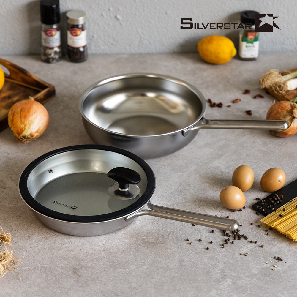 [실버스타] Aha(아하!) 304 통3중 인덕션IH 무연마제 스텐팬 후라이팬24cm+궁중팬24cm+실리콘커버24cm(핸들형)