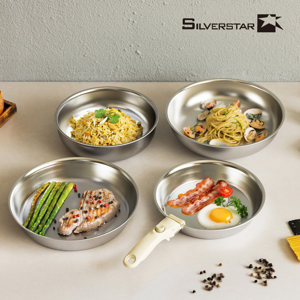 [실버스타] Aha(아하!) 304 통3중 무연마제 탈착식 스텐팬 후라이팬24cm+후라이팬28cm+궁중팬24cm+궁중팬28cm+탈착식핸들