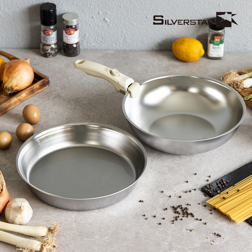 [실버스타] Aha(아하!) 304 통3중 무연마제 탈착식 스텐팬 후라이팬28cm+궁중팬28cm+탈착식핸들