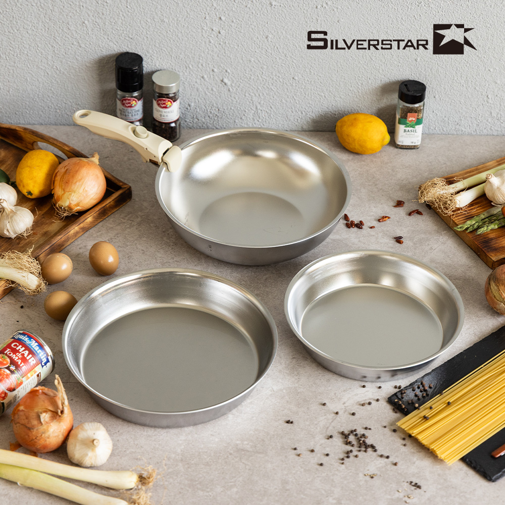 [실버스타] Aha(아하!) 304 통3중 무연마제 탈착식 스텐팬 후라이팬24cm+후라이팬28cm+궁중팬28cm+탈착식핸들